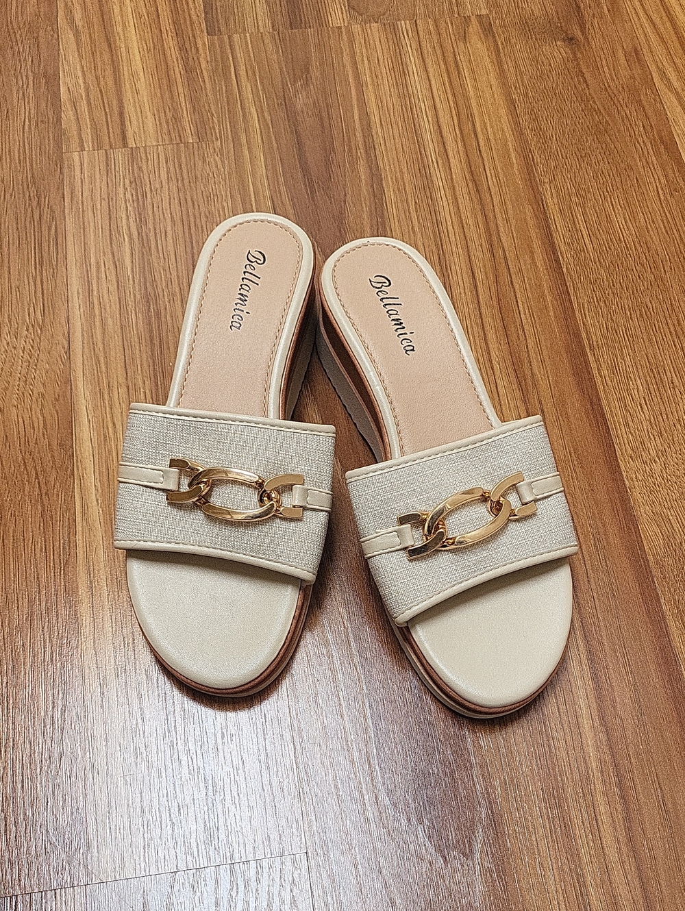 BELLAMICA Cream Slide Mules with Gold Chain Accent
